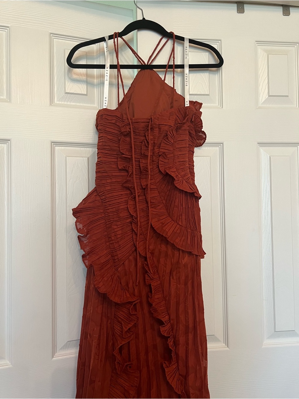 Azazie Rust Halter High-Low Ruffle Maxi Dress - Picture 3 of 10